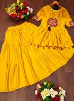 Rayon Yellow Navratri Wear Gamthi Work Readymade Top With Skirt